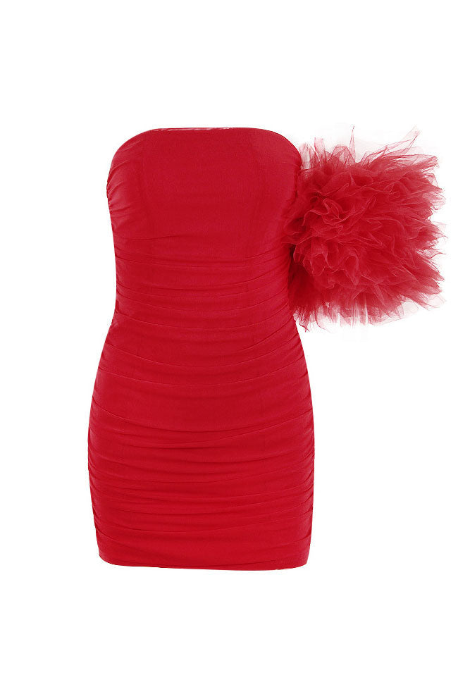 Strapless One Shoulder Tiered Ruffle Sleeve Ruched Mesh Bodycon Mini Dress