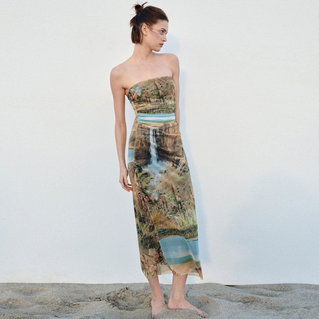 Scenic Landscape Print Strapless Bodycon Midi Tube Dress