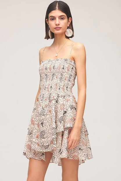Spaghetti Strap Smocked Bodice Tiered Ruffle Abstract Print Mini Dress