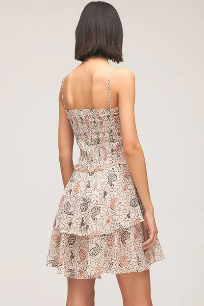 Spaghetti Strap Smocked Bodice Tiered Ruffle Abstract Print Mini Dress