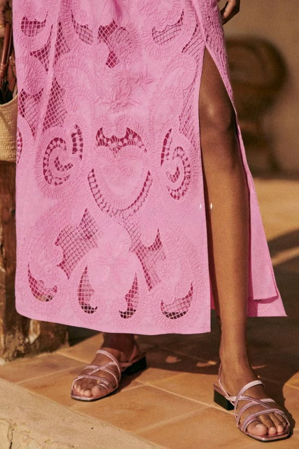 Look Stunning Cutout Embroidery Lace High Rise Slit Maxi Skirt