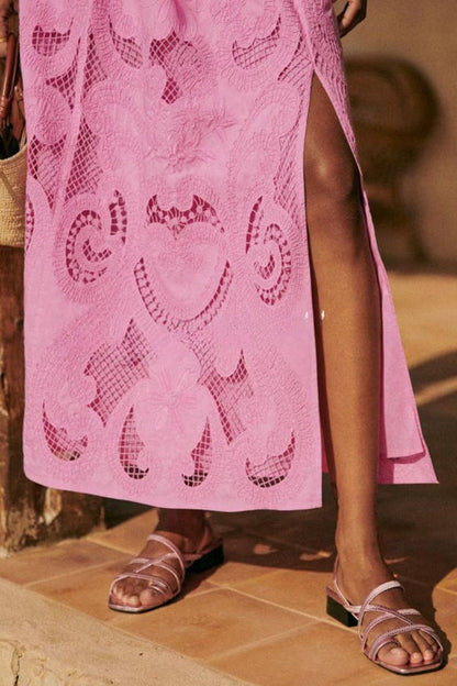 Look Stunning Cutout Embroidery Lace High Rise Slit Maxi Skirt