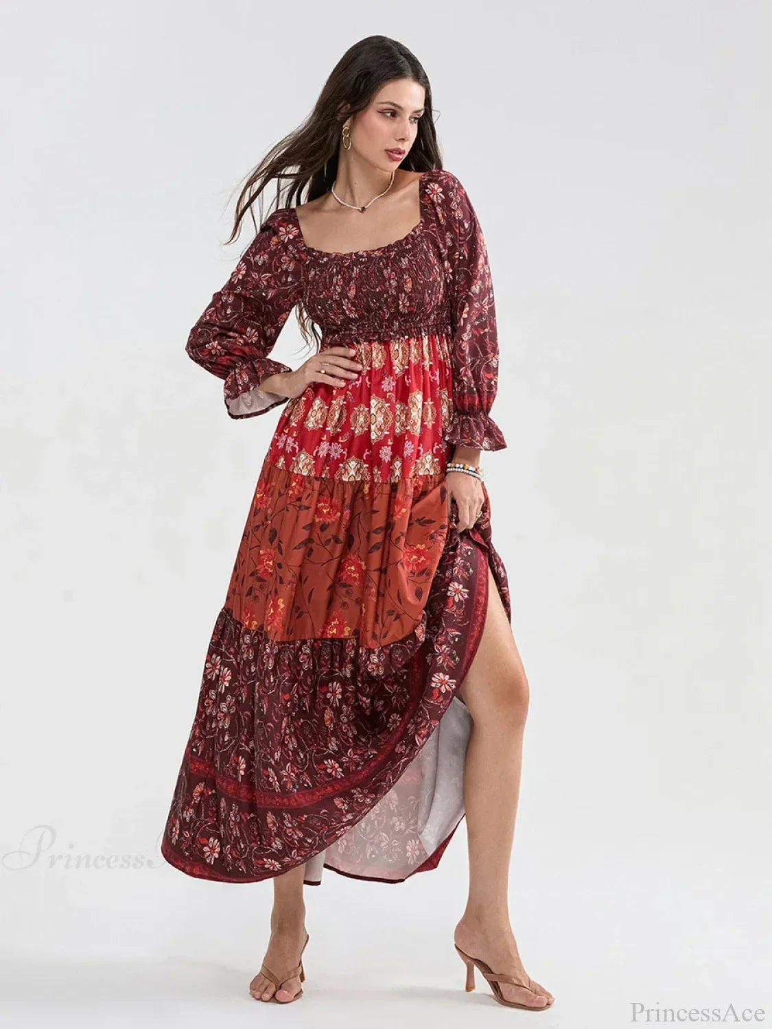 Patchwork Floral Bohemian Off-Shoulder Puff Sleeve Ruffled Vacation Beach Dress