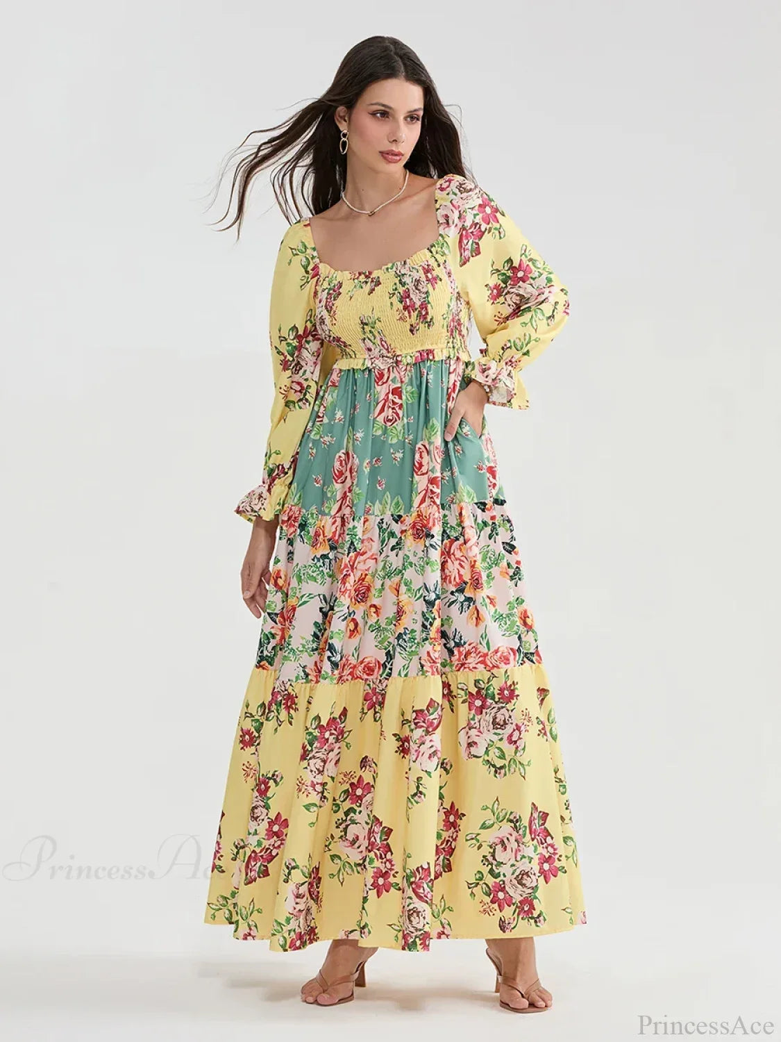 Patchwork Floral Bohemian Off-Shoulder Puff Sleeve Ruffled Vacation Beach Dress