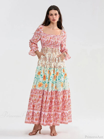 Patchwork Floral Bohemian Off-Shoulder Puff Sleeve Ruffled Vacation Beach Dress