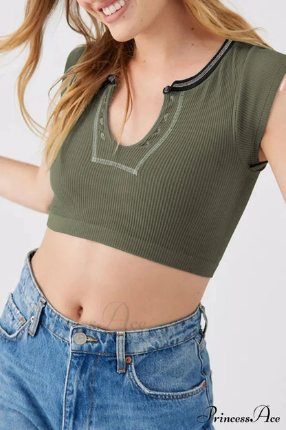 Patchwork Neck U Solid T-Shirt