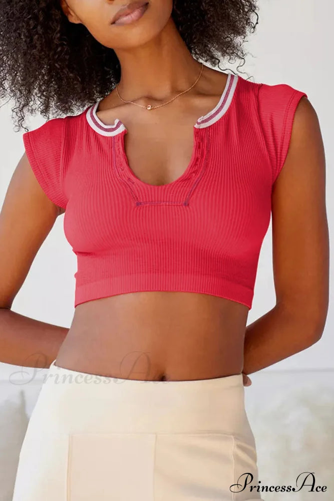 Patchwork Neck U Solid T-Shirt