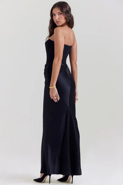 Strapless Pointed Sweetheart Corset Ruched Waist Column Maxi Gown