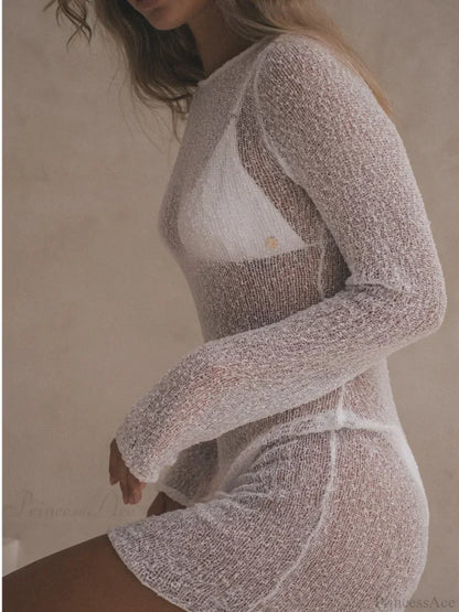 Sheer Crochet Knit High Neck Long Sleeve Bodycon Mini Dress