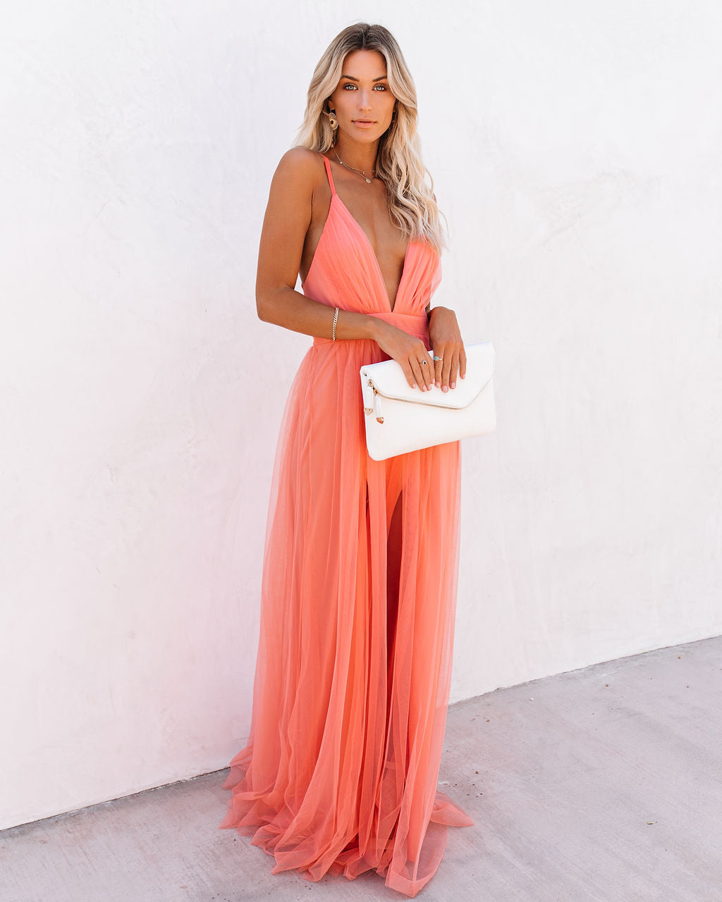 Spaghetti Strap Deep V Neck Pleated Tulle High Slit Maxi Dress