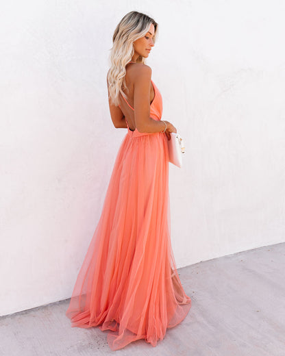 Spaghetti Strap Deep V Neck Pleated Tulle High Slit Maxi Dress