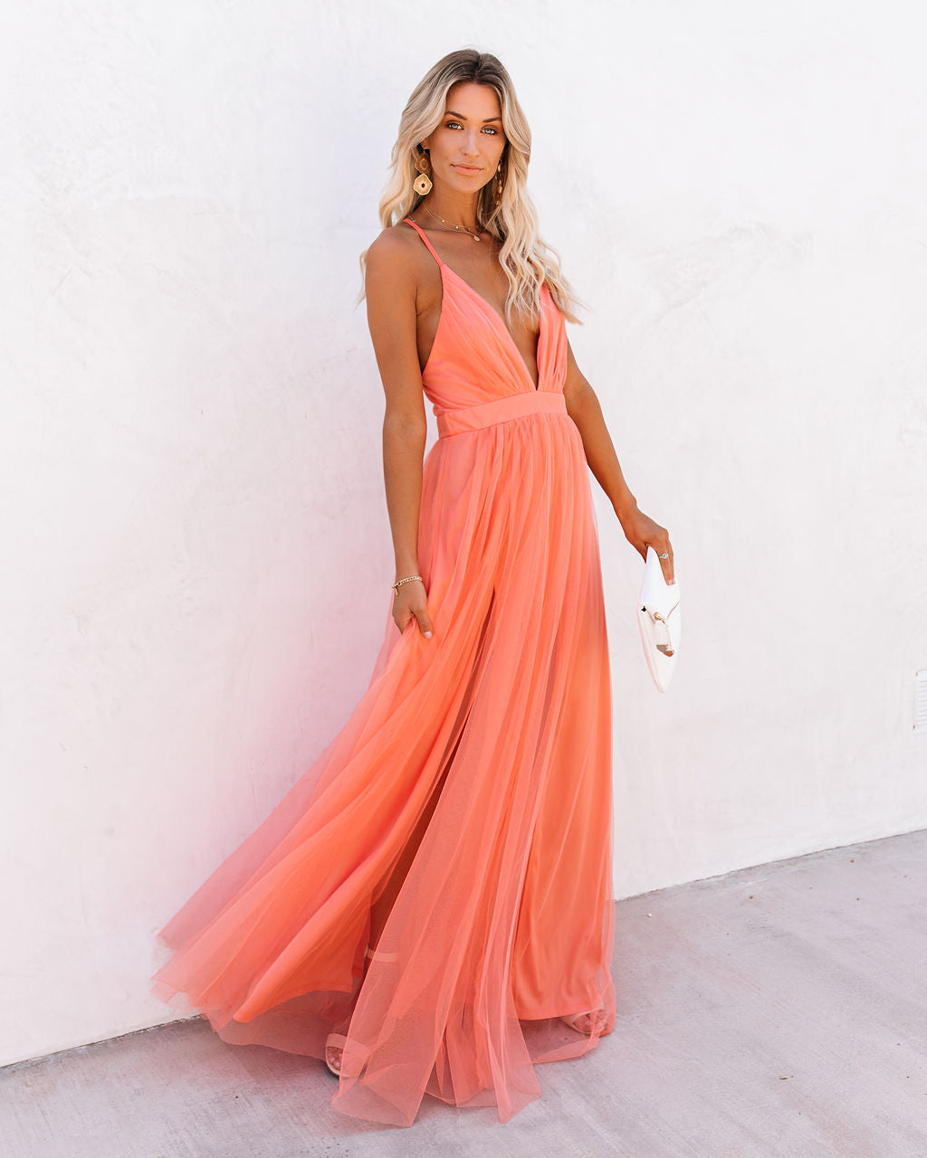 Spaghetti Strap Deep V Neck Pleated Tulle High Slit Maxi Dress