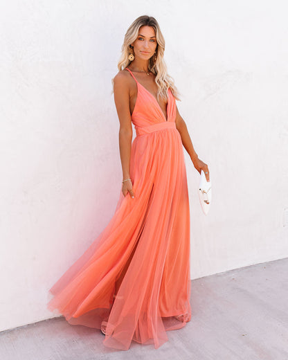 Spaghetti Strap Deep V Neck Pleated Tulle High Slit Maxi Dress