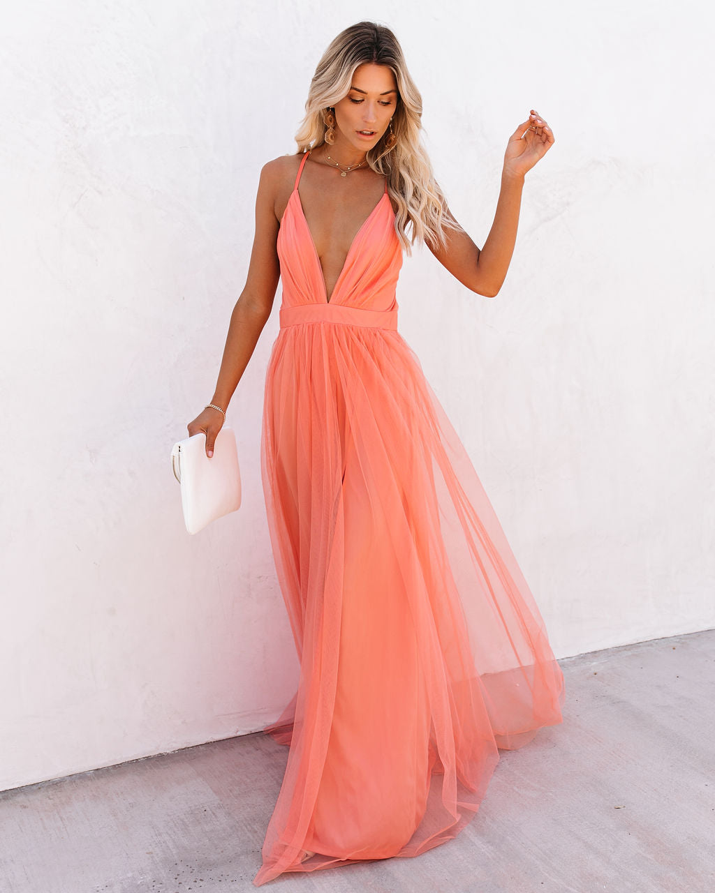 Spaghetti Strap Deep V Neck Pleated Tulle High Slit Maxi Dress