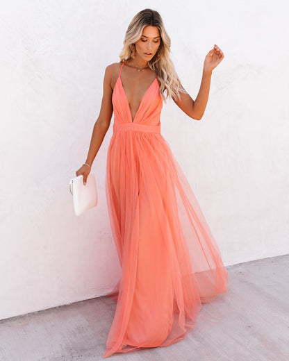 Spaghetti Strap Deep V Neck Pleated Tulle High Slit Maxi Dress
