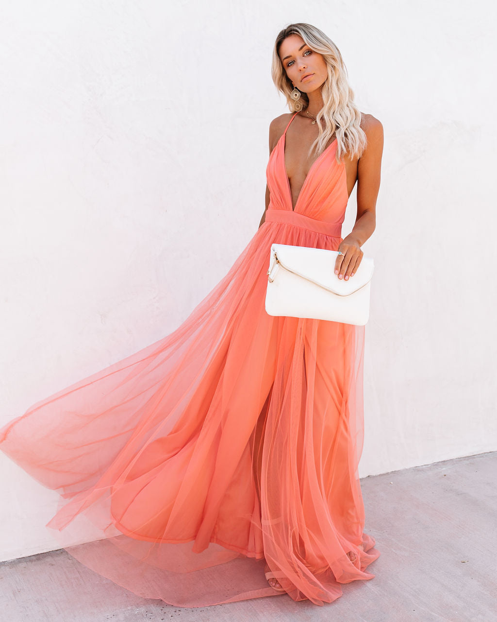 Spaghetti Strap Deep V Neck Pleated Tulle High Slit Maxi Dress
