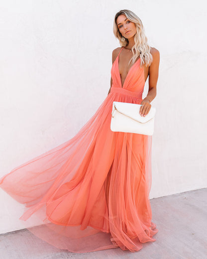 Spaghetti Strap Deep V Neck Pleated Tulle High Slit Maxi Dress