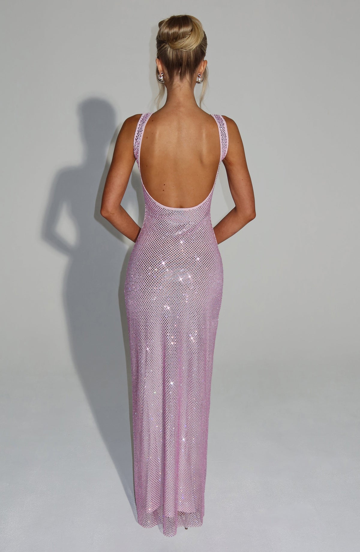 Square Neck Rhinestone Mesh Embellished Column Floor Length Gown