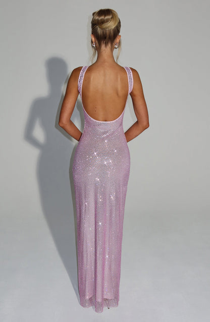 Square Neck Rhinestone Mesh Embellished Column Floor Length Gown