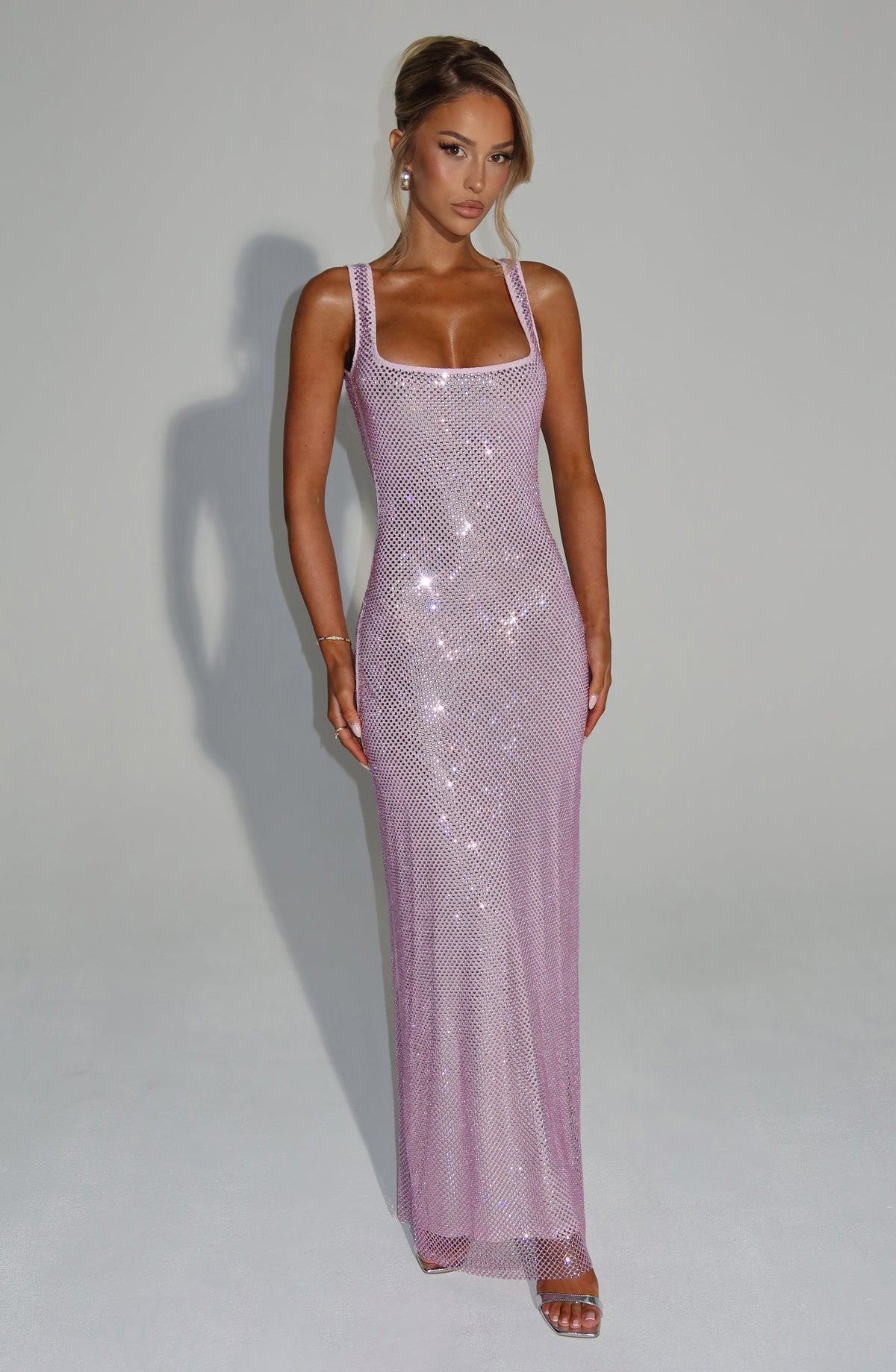 Square Neck Rhinestone Mesh Embellished Column Floor Length Gown