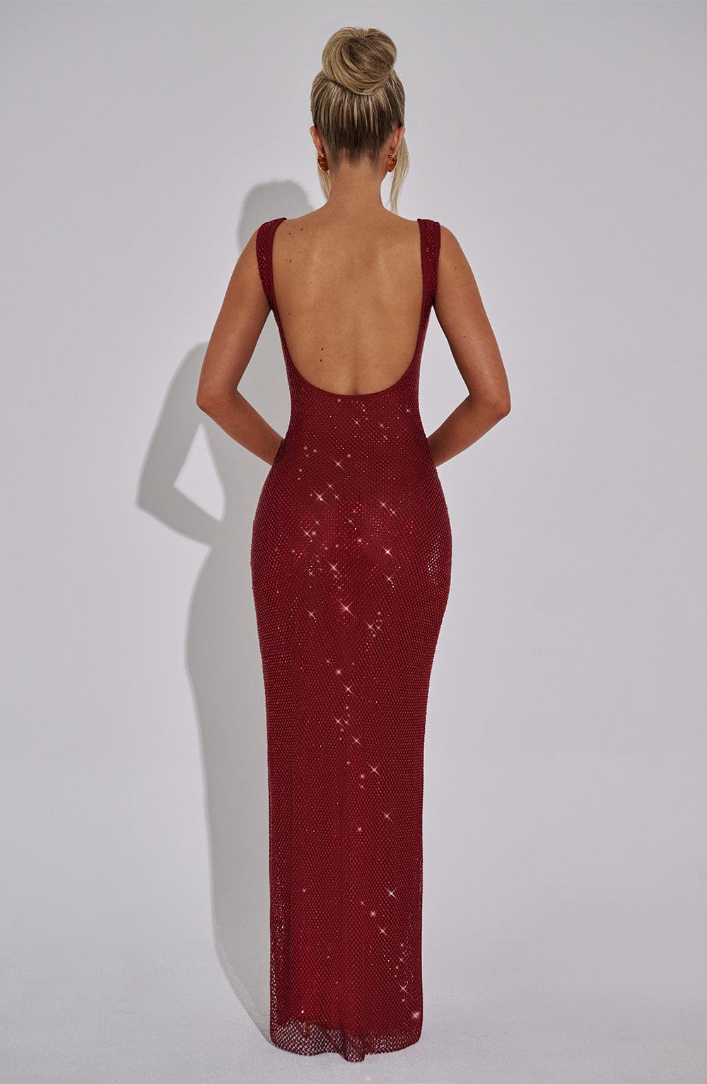 Square Neck Rhinestone Mesh Embellished Column Floor Length Gown