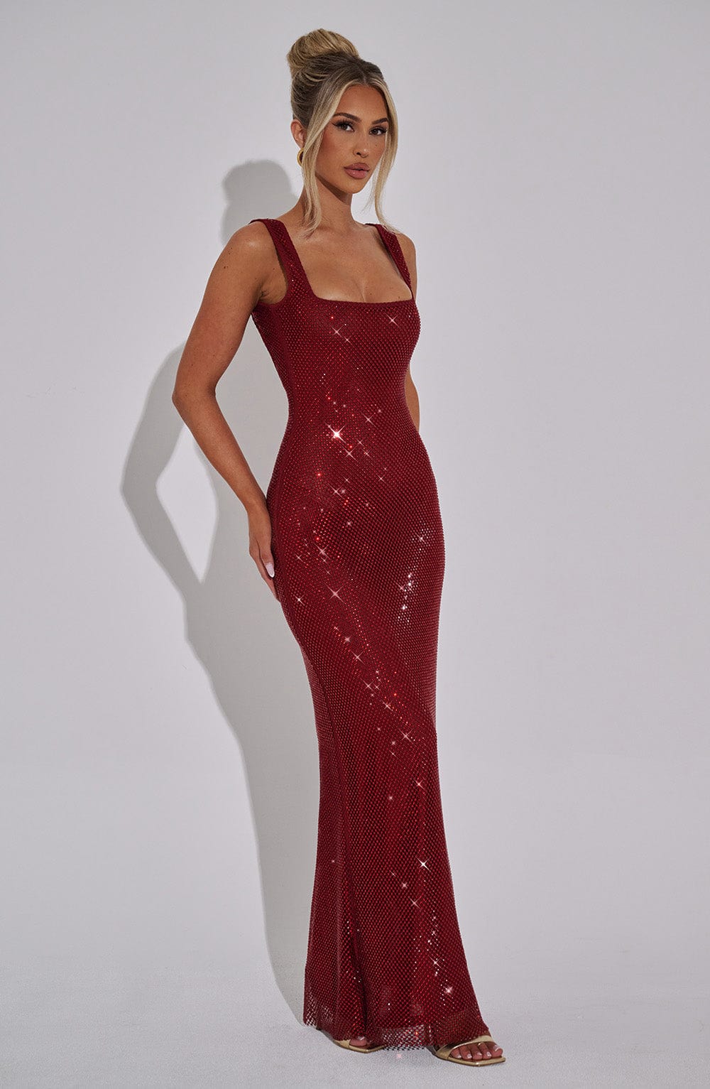Square Neck Rhinestone Mesh Embellished Column Floor Length Gown