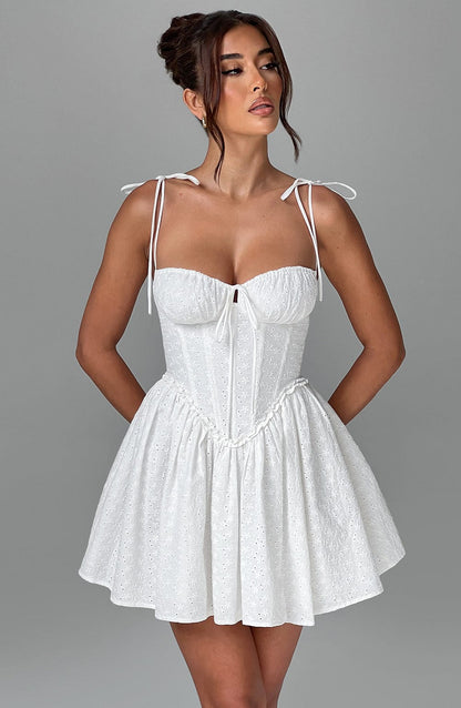 Eyelet Broderie Corset Bodice Tie Shoulder Flare Mini Dress