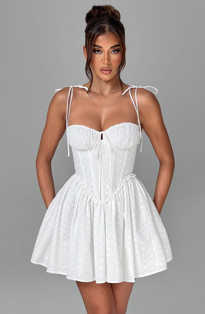 Eyelet Broderie Corset Bodice Tie Shoulder Flare Mini Dress