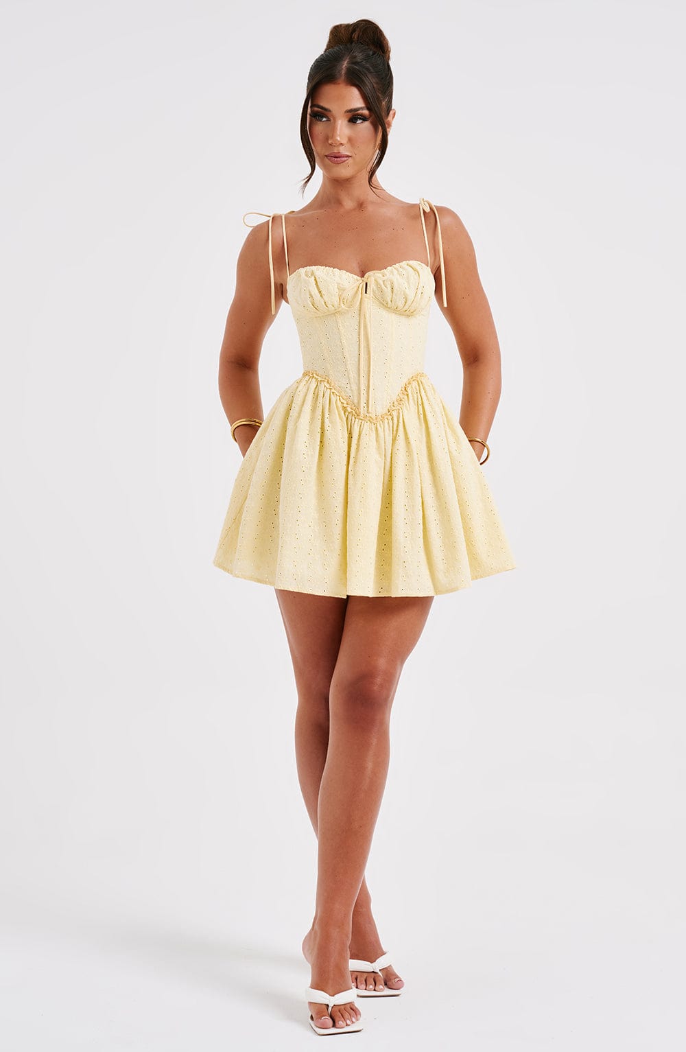 Eyelet Broderie Corset Bodice Tie Shoulder Flare Mini Dress