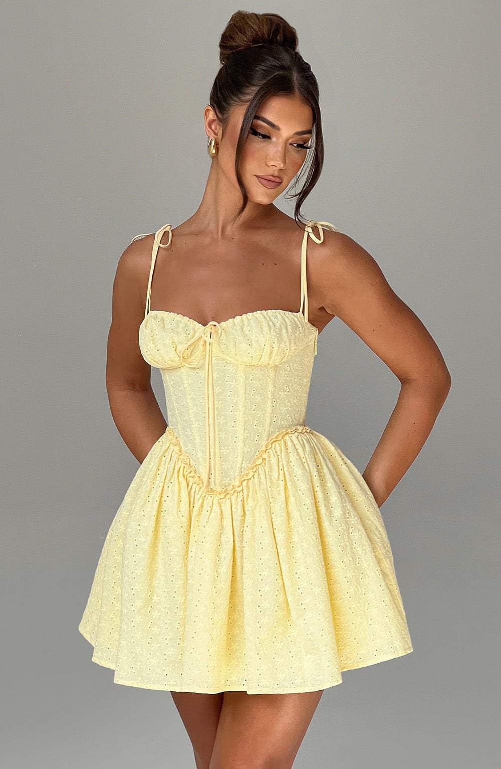 Eyelet Broderie Corset Bodice Tie Shoulder Flare Mini Dress