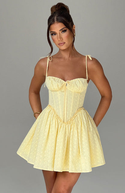 Eyelet Broderie Corset Bodice Tie Shoulder Flare Mini Dress