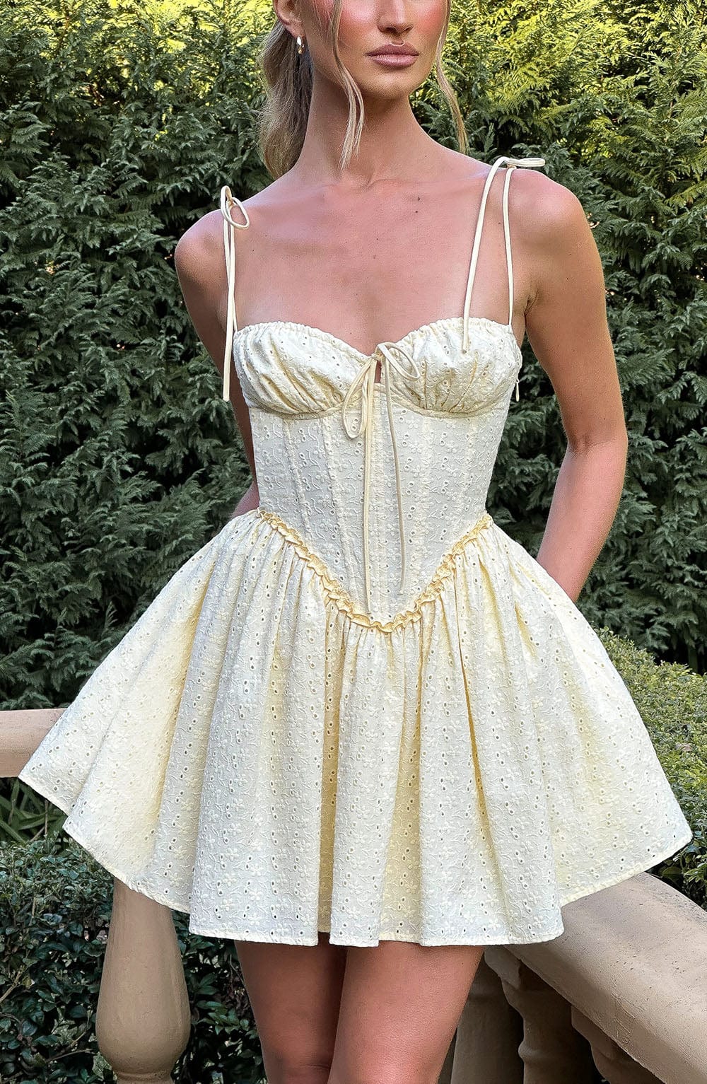 Eyelet Broderie Corset Bodice Tie Shoulder Flare Mini Dress