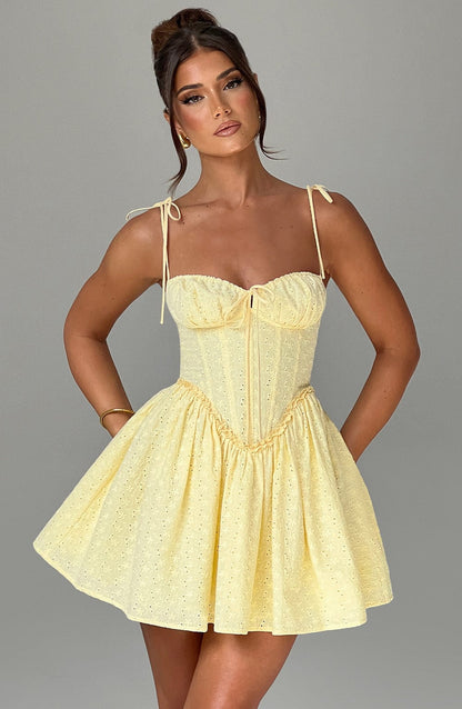 Eyelet Broderie Corset Bodice Tie Shoulder Flare Mini Dress