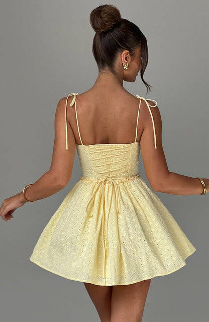 Eyelet Broderie Corset Bodice Tie Shoulder Flare Mini Dress