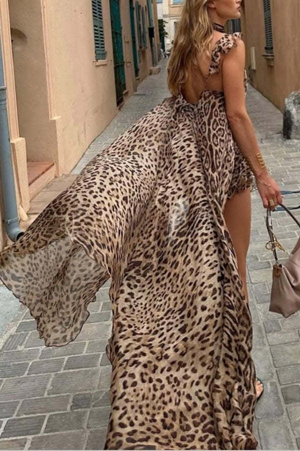 Immerse Vacation Leopard Tie-up Slit Midi Top and Elastic Waist Shorts Set