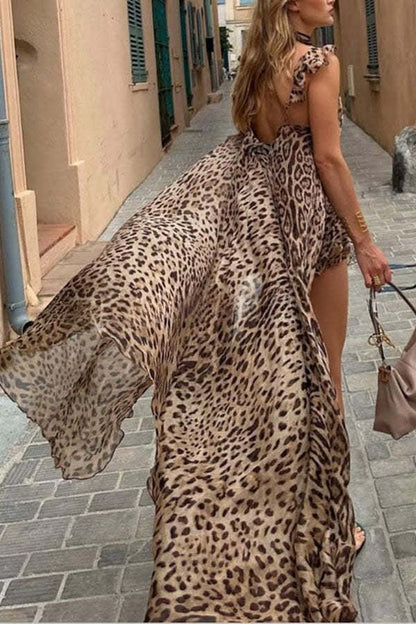 Immerse Vacation Leopard Tie-up Slit Midi Top and Elastic Waist Shorts Set