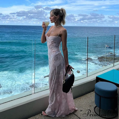 Pink Floral Stylish Lace Maxi Dress
