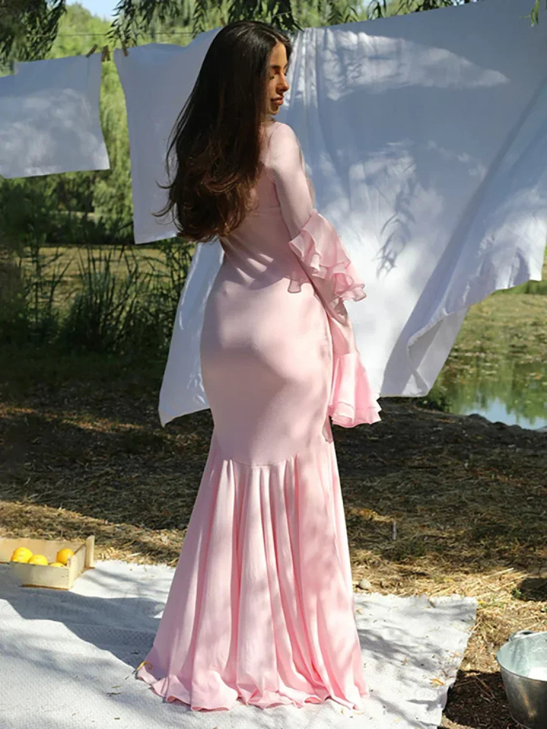 Pink Square Collar Maxi Vacation Dress