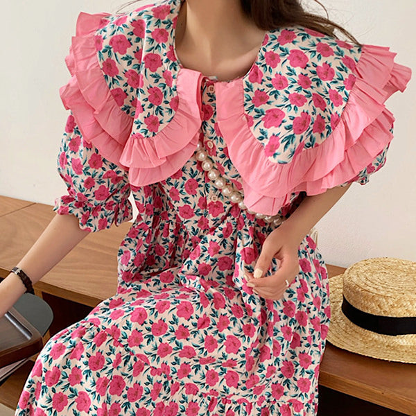 Floral Print Oversized Ruffled Collar Puff Sleeve Button Front Dress