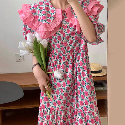 Floral Print Oversized Ruffled Collar Puff Sleeve Button Front Dress