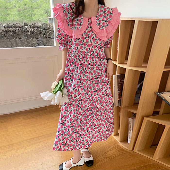 Floral Print Oversized Ruffled Collar Puff Sleeve Button Front Dress