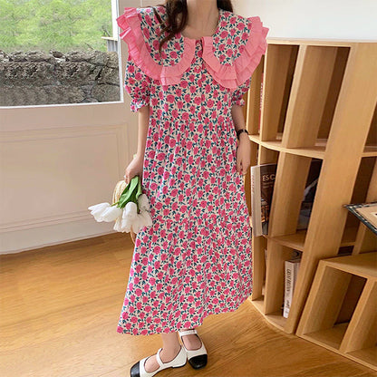 Floral Print Oversized Ruffled Collar Puff Sleeve Button Front Dress
