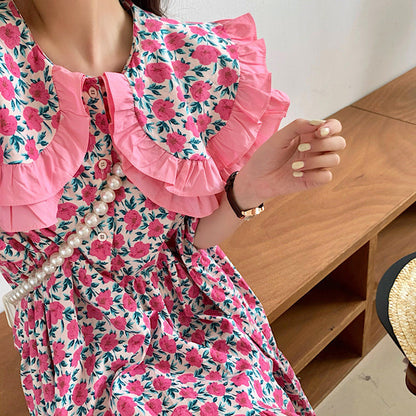 Floral Print Oversized Ruffled Collar Puff Sleeve Button Front Dress