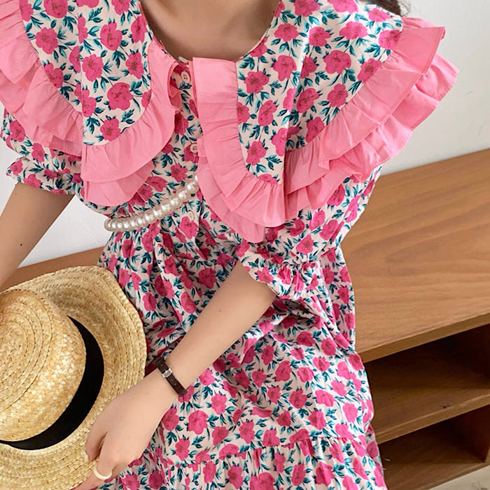 Floral Print Oversized Ruffled Collar Puff Sleeve Button Front Dress