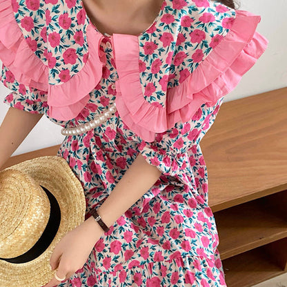 Floral Print Oversized Ruffled Collar Puff Sleeve Button Front Dress