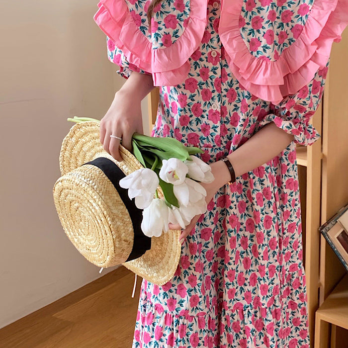 Floral Print Oversized Ruffled Collar Puff Sleeve Button Front Dress