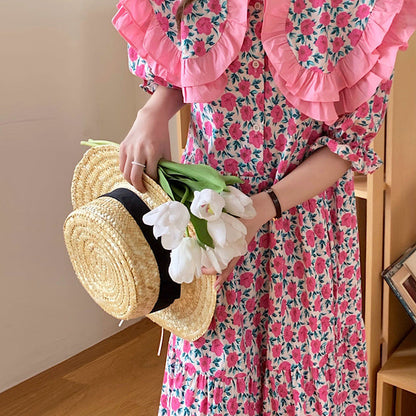Floral Print Oversized Ruffled Collar Puff Sleeve Button Front Dress