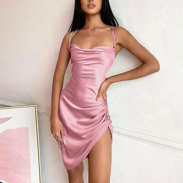 Cowl Neck Spaghetti Strap Side Ruched Asymmetrical Hem Satin Mini Dress