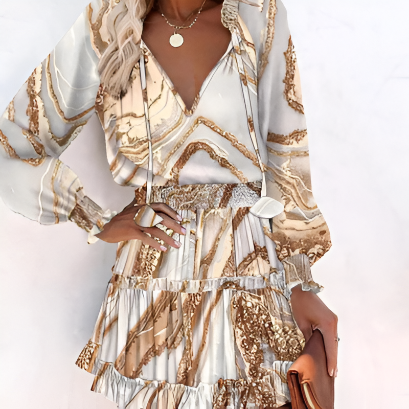Print V-Neck Bishop Sleeve Smocked Waist Ruffle Hem Mini Dress