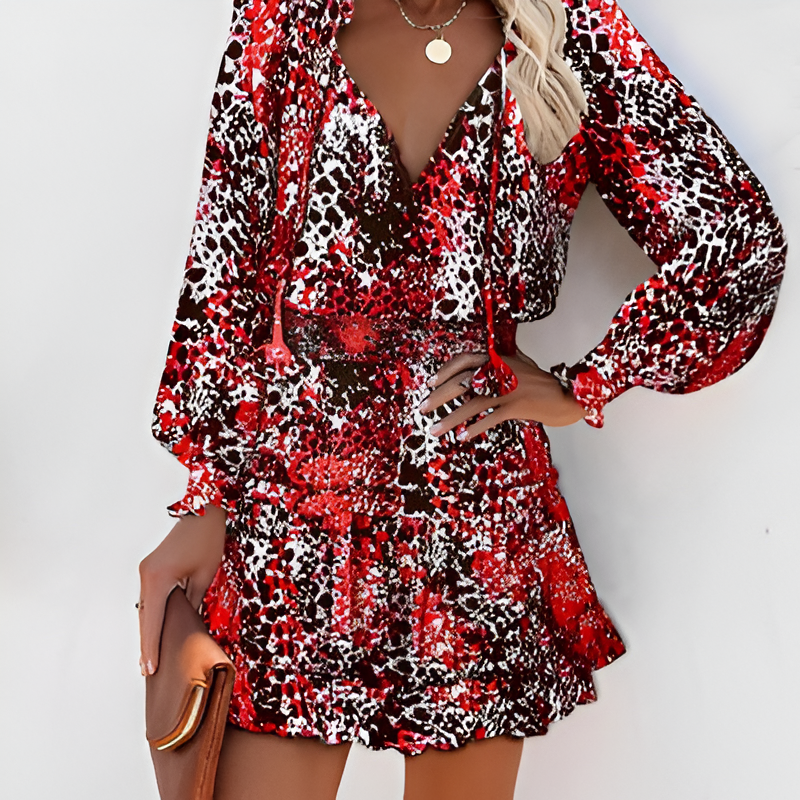 Print V-Neck Bishop Sleeve Smocked Waist Ruffle Hem Mini Dress